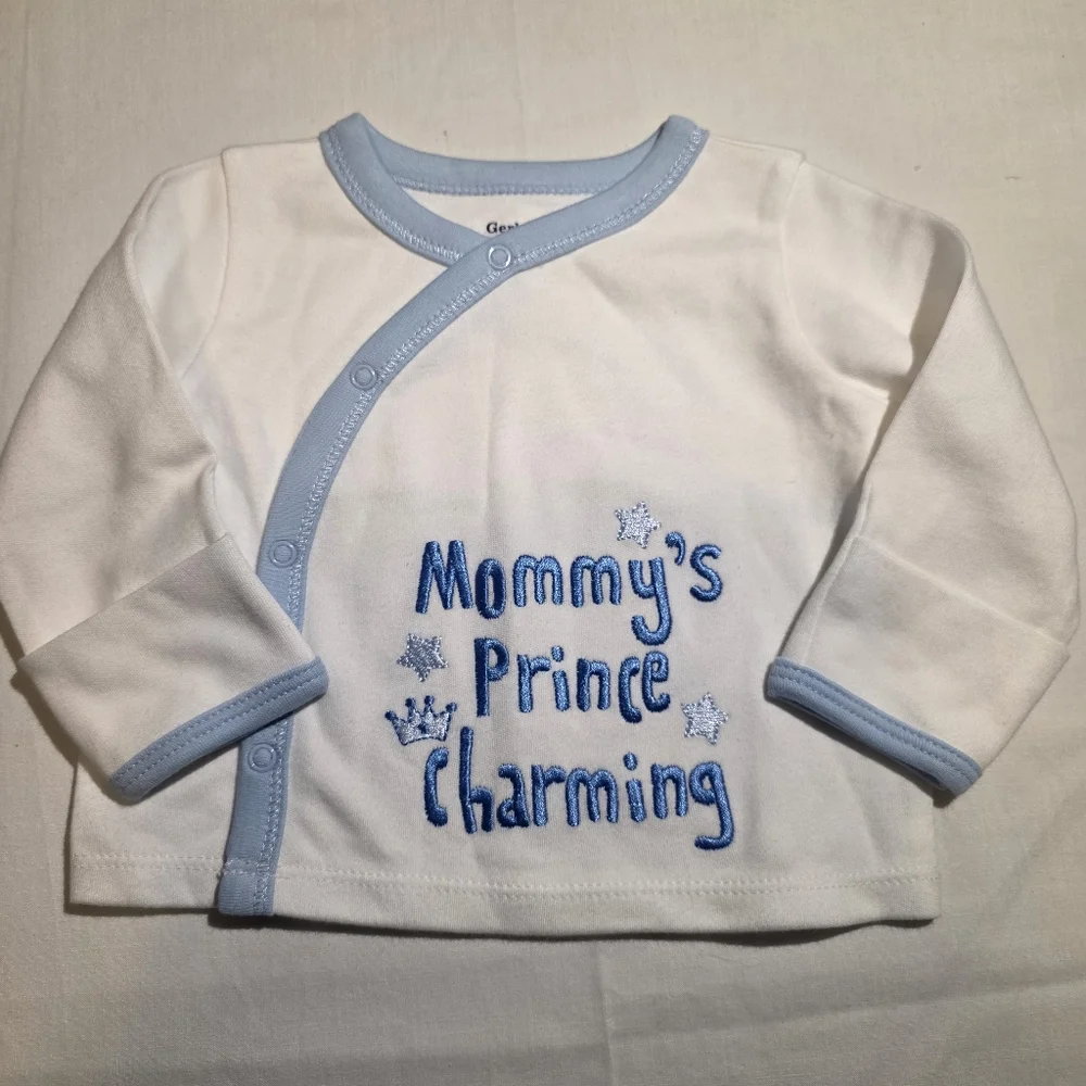 Embroidered White and Blue Baby Shirt Mommy's Prince Charming NWOT